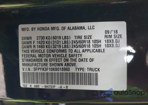 2019 Honda Ridgeline Sport from USA, damaged, VIN 5FPYK3F10KB018993